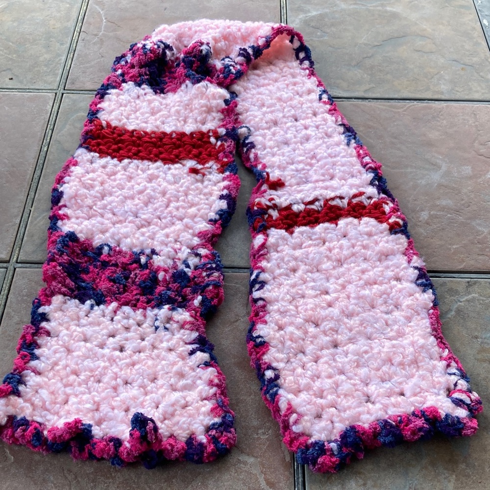 Handmade Chunky Crochet Scarf in Light Pink with Fuchsia Accents